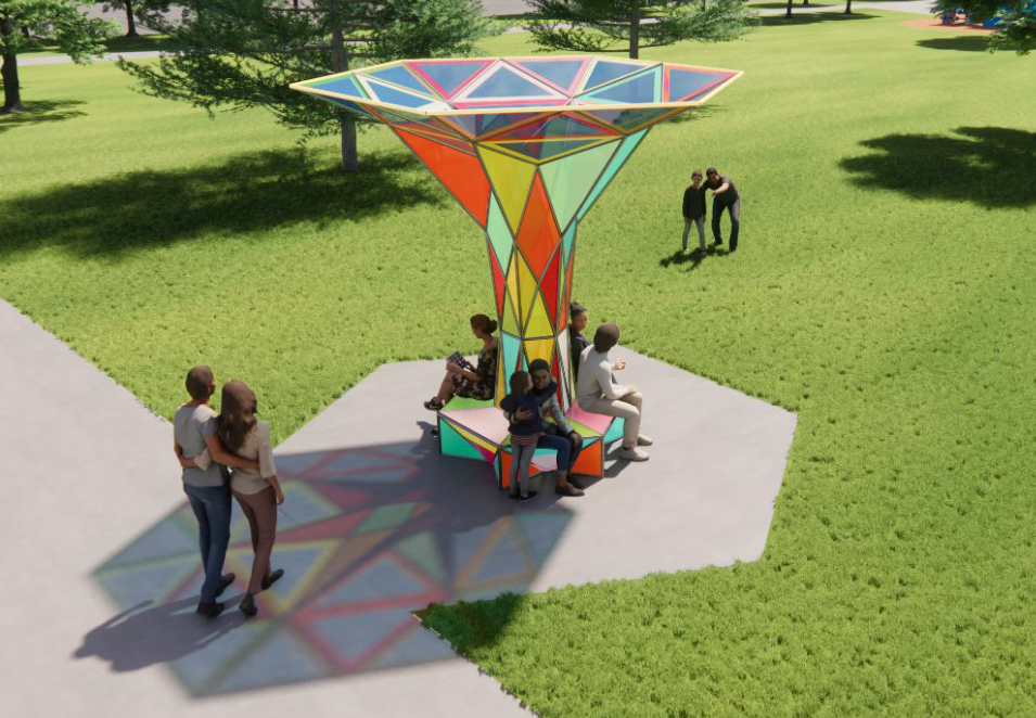 An architectural rendering of 'Solar Chroma,' a large tree-shaped sculpture in a grassy park setting. The piece features a wide, flared canopy of colorful geometric panels in orange, red, yellow, teal, and blue, supported by a tapered central trunk. Integrated benches wrap around the base where several figures are seated. The sculpture casts a patterned geometric shadow on the ground below. Additional figures stand nearby on the surrounding lawn and path.