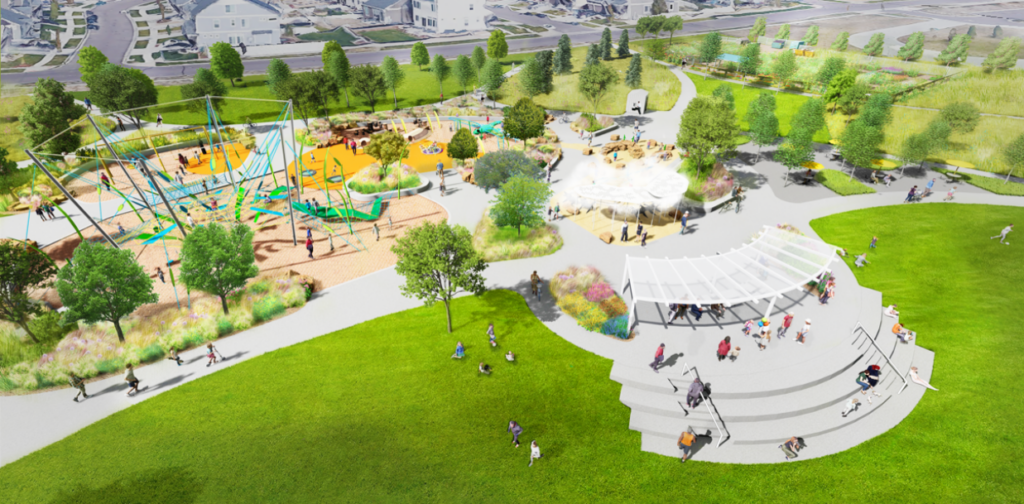 A landscape architectural rendering of the planned 47th and Telluride (Walden) Park, shown from an aerial perspective. The design features a large playground area with colorful climbing structures in teal, yellow, and green on a sand surface, connected by winding paths through native plantings and trees. A circular amphitheater with tiered seating and a canopy structure anchors the right side of the rendering, with figures of park visitors scattered throughout the green lawns and pathways. Residential streets and neighboring buildings are visible in the background.