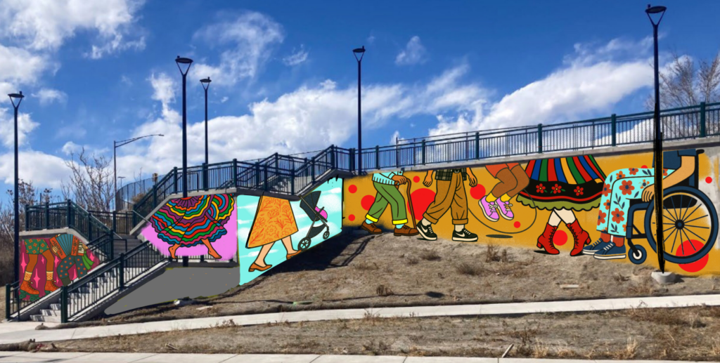 A mural mockup composited onto a concrete retaining wall below a pedestrian bridge staircase at 44th and Broadway. The design depicts a procession of figures shown from the waist down, representing diverse community members in motion. From left to right, the figures include someone in a colorful folklórico skirt, a person pushing a stroller, two people walking together, someone in a floral skirt with red boots, and a person using a wheelchair. The backgrounds shift between pink, teal, orange, and yellow panels, with bold red circular accents. Street lights, bare trees, and a blue sky with clouds are visible above.