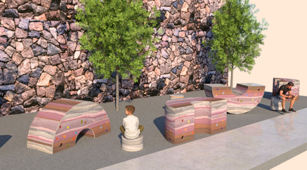 An architectural rendering of a sculptural outdoor seating installation. Four curved and angular bench forms are arranged along a paved plaza area in front of a stone wall with two trees. The benches feature layered horizontal striping in muted earth tones of pink, mauve, tan, and brown, embedded with small colorful gems or stones. A child figure sits cross-legged on the ground near one bench, and an adult figure sits on a cube-shaped piece at the far right. The overall effect evokes layered geological strata.