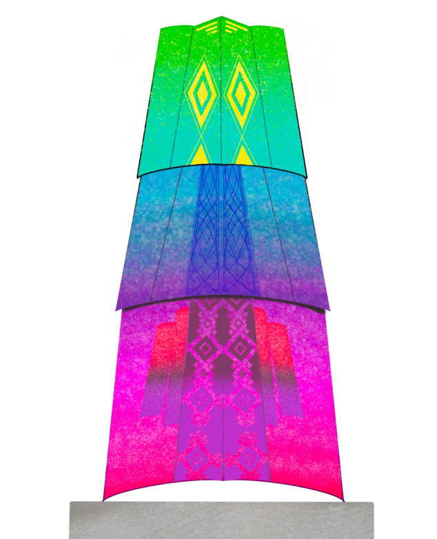 Rendering of a tall, tiered sculpture on a concrete base, shown against a white background. The piece is divided into three stacked sections that widen toward the bottom, resembling a stylized tower or crown. The top section transitions from green to teal with symmetrical yellow diamond shapes; the middle section shifts from teal to blue-purple with an intricate geometric lattice pattern; the bottom section is vivid magenta and purple with larger diamond and cross motifs. The overall design is bold, symmetrical, and vibrant.