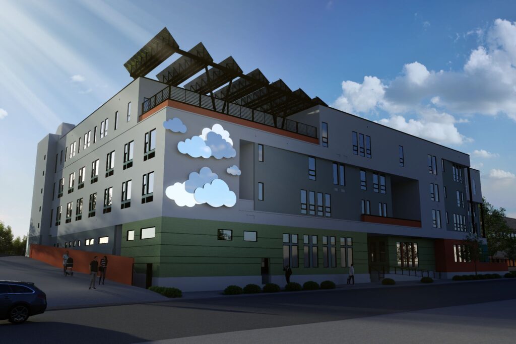 An architectural rendering of a four-story building exterior showing the proposed placement of 'Silver Linings,' a sculptural artwork by Sujin Lim. Three dimensional cloud sculptures in light blue and white are mounted on the upper portion of the building's facade, glowing softly against the gray exterior. The building features colorful accent bands in green and orange, a rooftop terrace with a pergola structure, and pedestrians on the surrounding sidewalks.