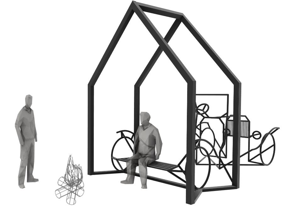 Architectural rendering of a large open steel frame sculpture shaped like a house, with a bench inside where a figure sits. Nearby elements include outline sculptures of bicycles, a campfire, and a standing figure, suggesting a camping scene. A second bicycle and additional sculptural elements extend to the right.