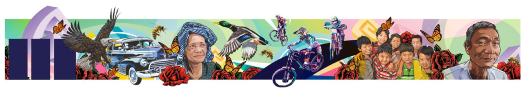 A wide horizontal mural rendering depicting a vibrant, layered community scene. From left to right, the composition includes an eagle in flight, a vintage blue car, honeybees, monarch butterflies, an elderly woman in a blue headwrap, a mallard duck in flight, BMX bikers performing aerial tricks, a group of smiling children, red roses, more monarch butterflies, and an elderly man. The background features bold geometric shapes in teal, pink, purple, and yellow.
