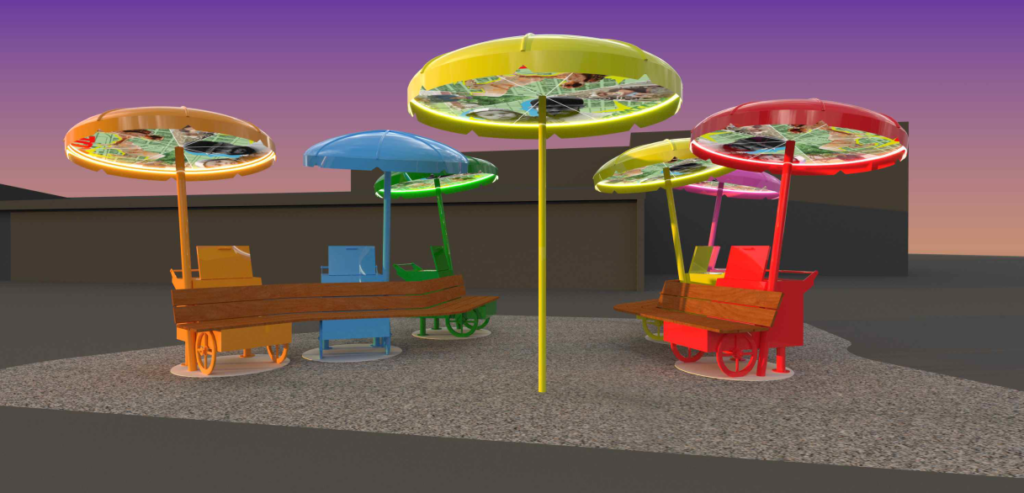 A rendering of five colorful paleta cart-inspired sculptures arranged in an outdoor plaza setting against a purple dusk sky. Each piece features a large circular umbrella canopy with photographic mural imagery on the underside, lit with a glowing edge, mounted on a tall pole above a wooden bench and decorative cart base with wheels. The five pieces are each a different bold color — orange, blue, green, yellow, and red — creating a vibrant, festive grouping.