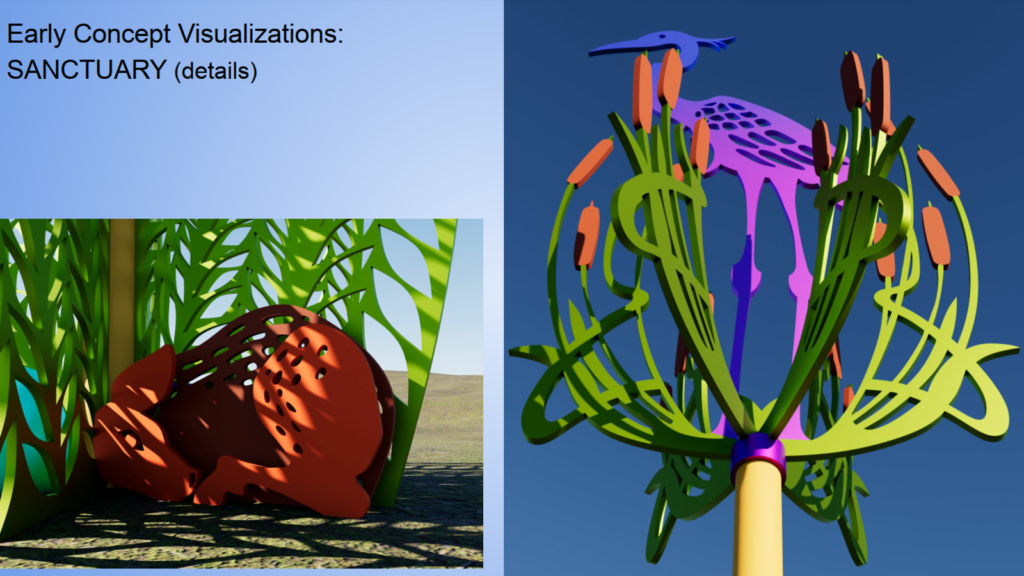 Early concept visualization renderings for 'The Water Vanes,' a sculpture series proposed for the High Line Canal Trail. The left rendering shows a close-up of a perforated red sculptural form resembling a fish or seed pod nestled among tall green plant-like structures. The right rendering shows the top of a tall pole sculpture with radiating green cutout cattails and aquatic plant forms, with a blue heron perched at the top and a pink wading bird figure in the center.