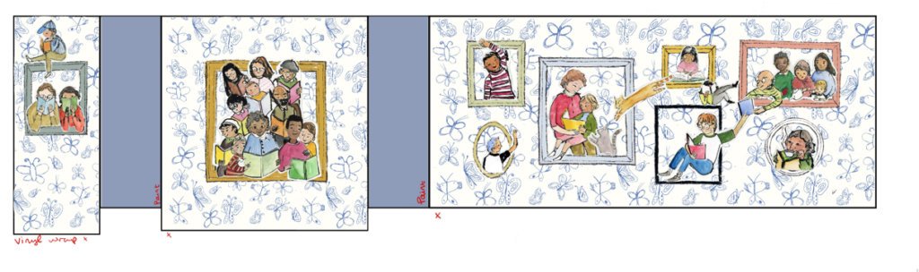 A whimsical illustrated mural rendering showing groups of children reading and playing, framed in decorative borders with floral patterns, designed for the Ross–University Hills Library.