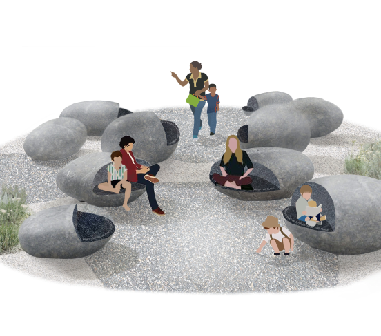 An illustrated rendering showing a cluster of smooth, rounded stone-like seating elements in a park setting, with figures sitting and standing among them.