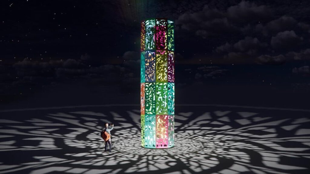 A night rendering of 'Life Tower' showing the sculpture illuminated from within, casting dramatic lace-like shadow patterns across the surrounding ground in all directions. The colorful cutout panels glow in teal, green, pink, yellow, and orange against a dark starry sky. A single figure stands nearby looking up at the tower, giving a sense of its scale.