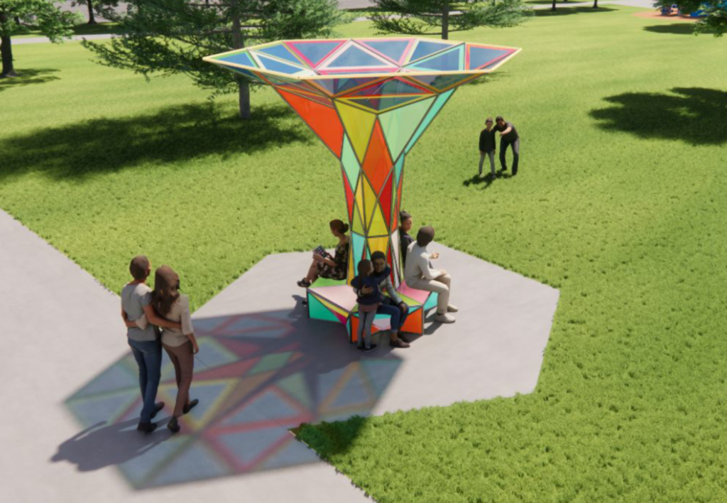 Architectural rendering of a large, colorful geometric canopy sculpture in a park setting, with people gathered beneath and around it.
