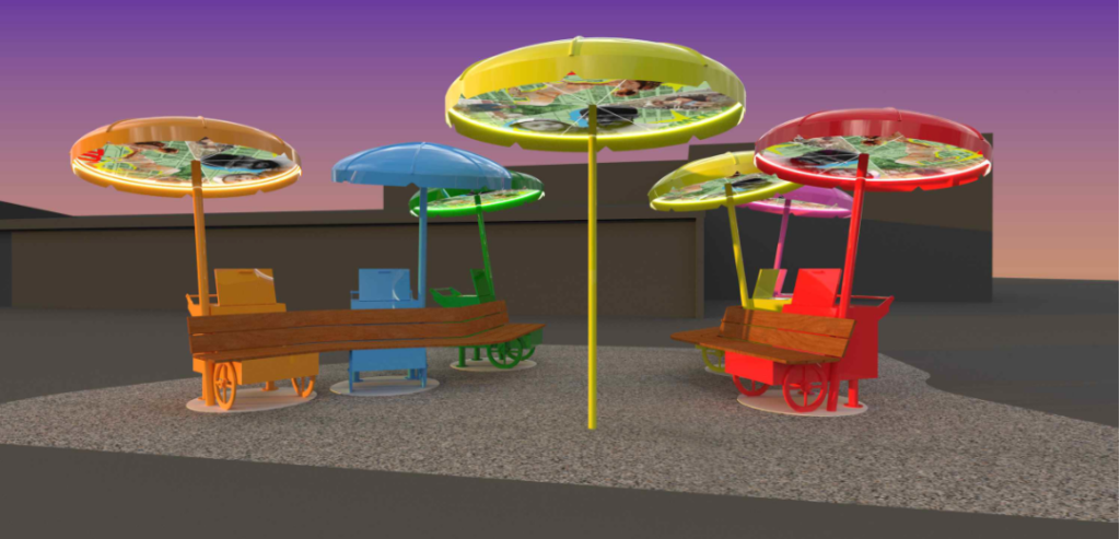 Rendering of three colorful paleta-cart-inspired structures with large circular umbrella tops in red, yellow, and blue, set against a dusk sky.