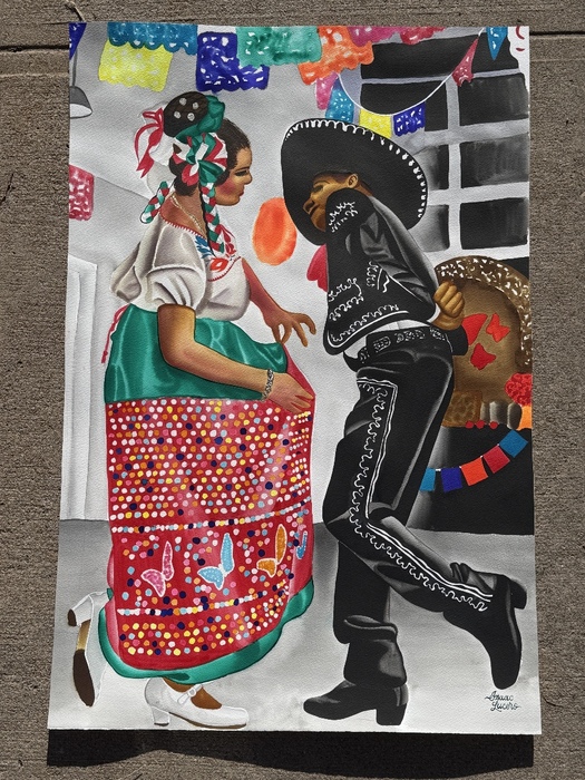 A vibrant painting depicting two figures in traditional Mexican dress dancing, surrounded by colorful papel picado banners.