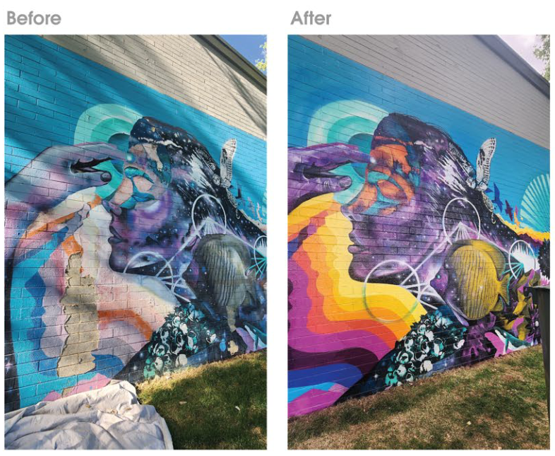 Before and after comparison of a close-up mural section showing a purple-toned figure's profile with a whale and geometric linework, repainted with brighter, more saturated colors and added detail.