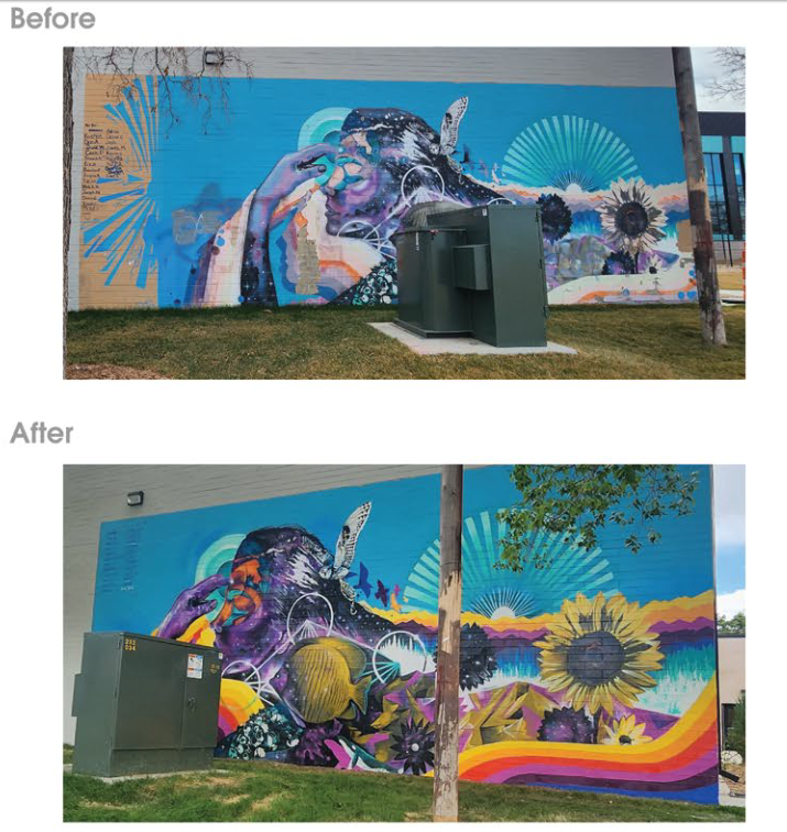 Before and after comparison of the full mural at Swansea Recreation Center, showing a faded, weathered version beside a freshly repainted version with brighter colors throughout.