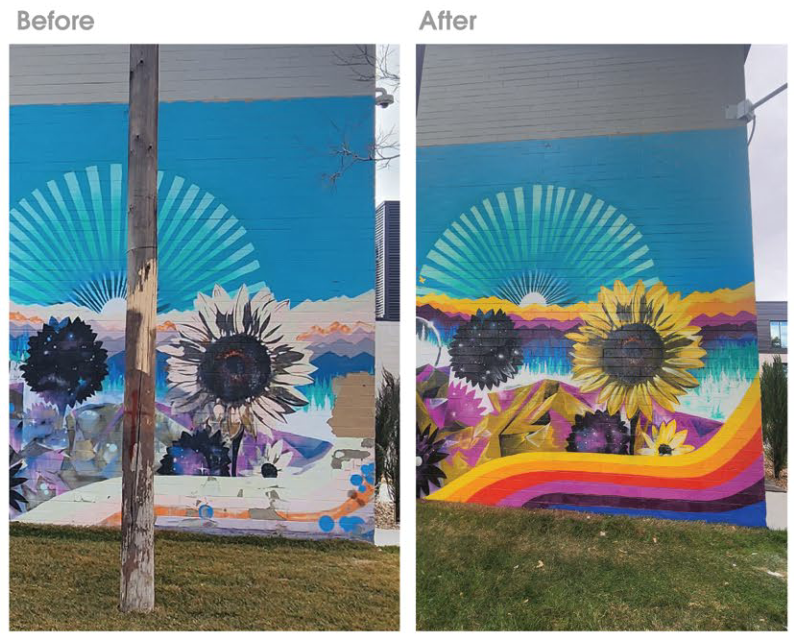 Before and after comparison of a mural section featuring a black sunflower and a white sunflower against a mountain skyline, repainted with a vivid orange, pink and purple rainbow added along the base.