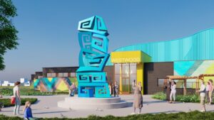 Concept rendering of a tall, teal-toned abstract sculpture with interlocking geometric shapes on a circular plaza in front of the Westwood Recreation Center, with visitors gathered around it.