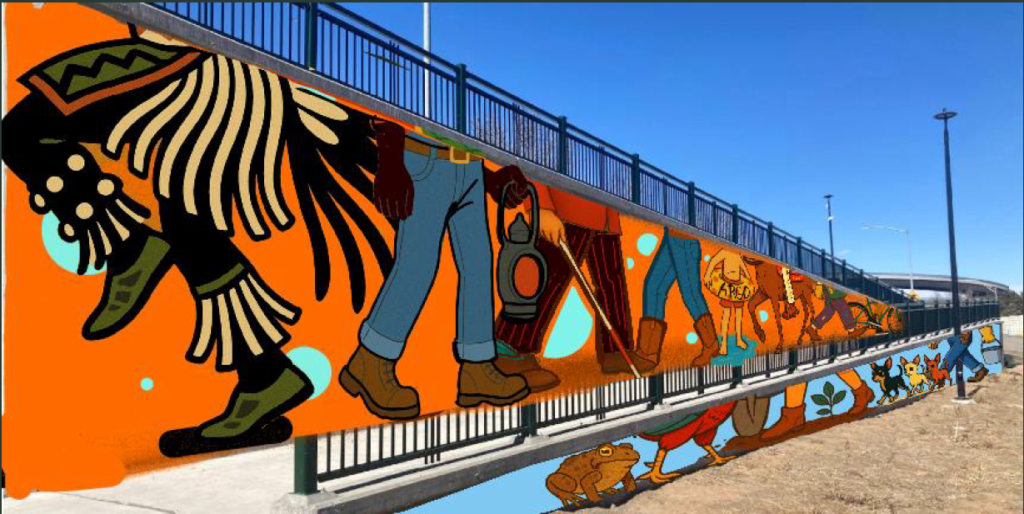 A rendering of a colorful mural on the walls of a pedestrian ramp. Against a bright orange background, a line of walking legs moves up the ramp: fringed regalia, jeans and work boots, a lantern, a cane. Dogs, a toad and a rooster appear on the wall below.