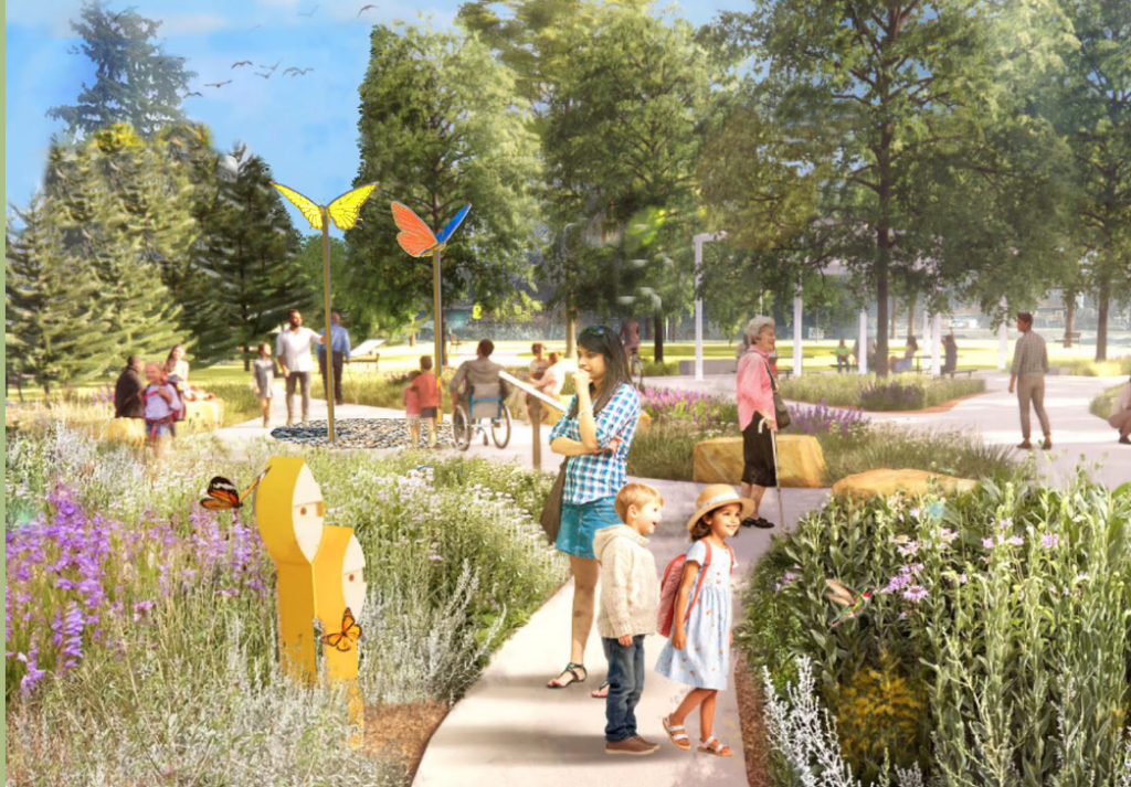 A rendering of a sunny park path lined with purple and white wildflowers. Two tall butterfly sculptures, one yellow and one orange and blue, rise on slender posts while families walk and gather nearby.