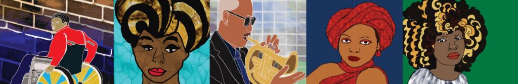 Five side-by-side digital portraits drawn with bold outlines and flat color. From left to right: a man in a red jacket, using a wheelchair with colorful wheels, in front of a brick wall; a woman with a sculpted black and gold updo and red lips on an aqua background; a man in sunglasses and a dark suit playing a brass horn in front of a glass block window; a woman in a red patterned headwrap and draped red fabric on a navy background; and a woman with voluminous dark curls highlighted in gold on a green background.