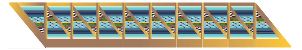 A repeating geometric pattern across ten panels. Horizontal stripes in navy, blue and turquoise, like those on a woven blanket, alternate with rows of shaded bead-like shapes, textured green bands and black-and-white diamond patterns. Diagonal bars in a gold-to-brown gradient frame each panel.