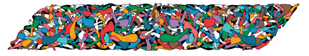 A dense, overlapping tangle of arms and hands in bright red, teal, purple, orange, pink, green, brown and white on a black background. Stitch-like marks outline each limb. Raised fists and open, reaching hands appear throughout.