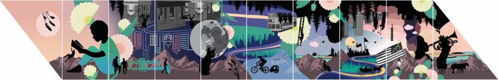 Panoramic illustration in soft sunset pinks, purples and teals that blends black silhouettes, grayscale historic buildings, oversized pale flowers and mountain ridges. Scenes include a child reading, a rock climber, a family walking together, a person walking with a white cane, a black cat beneath a full moon, a cyclist pulling a trailer, a person using a wheelchair, a crowd waving flags, a horse-drawn carriage and a musician playing a sousaphone.