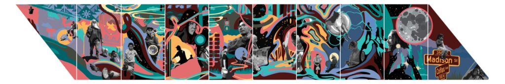 Panoramic collage of grayscale photographs of neighborhood residents set among flowing ribbons of teal, coral, gold and deep red. Scenes include an older bearded man walking two dogs, a child running, a young person playing trumpet, a woman reading a newspaper, people walking at night and a full moon. The Bluebird Theater’s neon sign appears at left, and a street sign for Madison St and Colfax Ave marks the right end.