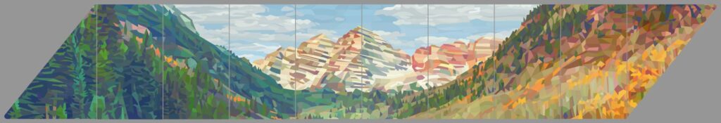 Panoramic landscape of the Maroon Bells in autumn, painted in a faceted, geometric style. Twin peaks of cream and rose-colored rock rise under a blue sky with soft clouds. A dark green evergreen slope frames the left side and hillsides of gold and orange aspens frame the right.