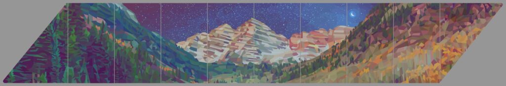 The same Maroon Bells landscape at night. The peaks glow pale pink and cream beneath a purple and deep blue sky full of stars, with a small crescent moon in the upper right. Evergreens and autumn aspens frame either side.