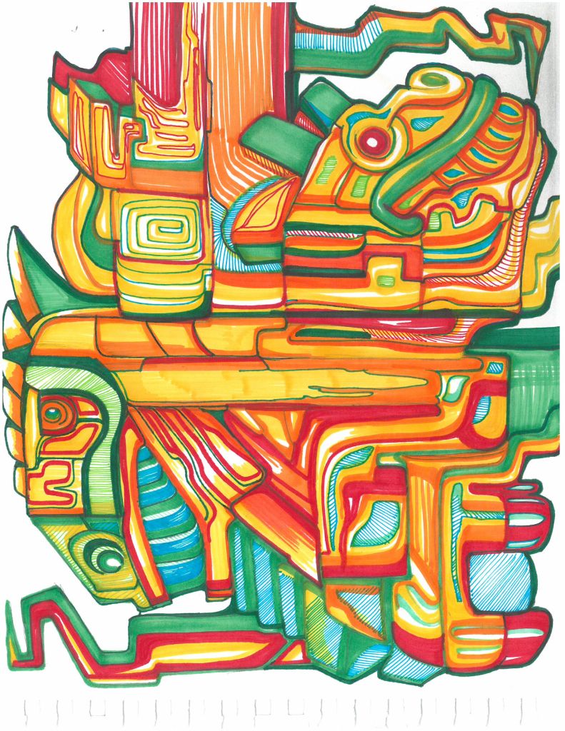 Go to the Untitled (Aztec imagery in orange and green) page